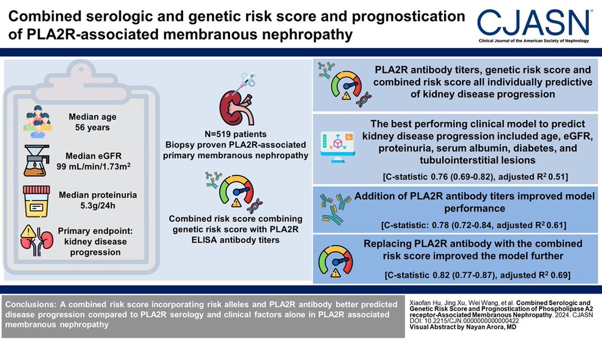 PLA2R is the most common target antigen in primary membranous nephropathy. This study found in patients with PLA2R-associated membranous nephropathy, risk score incorporating inherited risk alleles & PLA2R antibody enhanced disease progression prediction bit.ly/CJASN0422