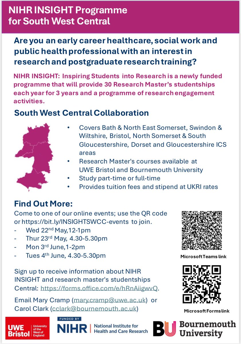 A brilliant research training opportunity through @NIHRresearch #INSIGHT Programme for a fully funded #MRes study tenable @bournemouthuni or @UWEBristol #nihr