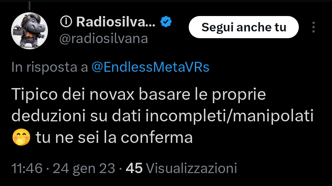 matt7gh's tweet image. Ecco per esempio un #troll come Radiosilvana che proietta sui #novax quello fa lui: 
lui e altri troll come LaBombetta, IlDuca, Cuggino ecc. hanno preso sempre i dati ufficiali sui #contagi #Covid  come veri, ma come possiamo vedere erano manipolati.