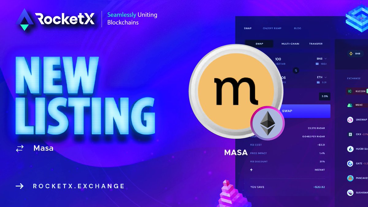 📢 NEW LISTING ALERT 🎉 RocketX is thrilled to announce that $MASA @getmasafi is now listed on the #ETH network! 🎉 📍app.rocketx.exchange ✨Masa - The Decentralized AI Data and LLM Network. Own, share, and earn from your data and compute to power AI applications. Don't