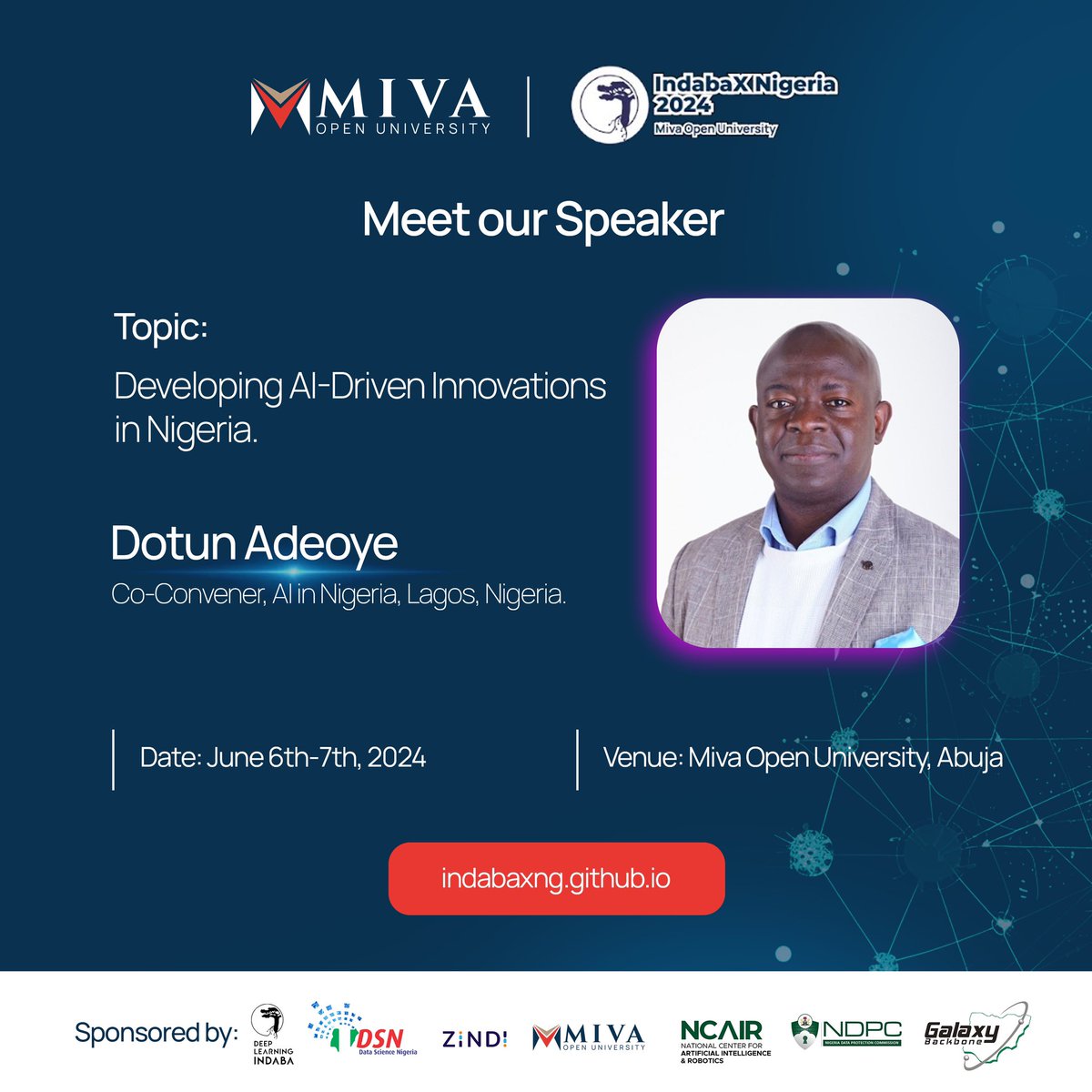 IndabaXNigeria's tweet photo. Meet @realdotunadeoye who will be taking us through on a topic Developing AI-driven innovations in Nigeria at #indabaxnigeria2024. 

With a successful 30-year journey in Business Growth Strategy, AI Strategy, and Product Innovation. https://t.co/u1GufJlGQA