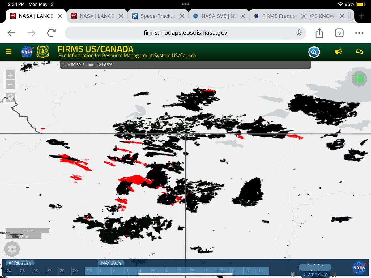 NE BC, NW AB, adj. NWT.
Red: 2024 wildfires (last 2 weeks)
Black: 2023 wildfires.
Strongly indicates that most current wildfires are reawakened 2023 fires (aka holdover fires, overwintering fires, zombie fires).
Satellite data. Details in link.
firms.modaps.eosdis.nasa.gov/usfs/map/#t:cu…