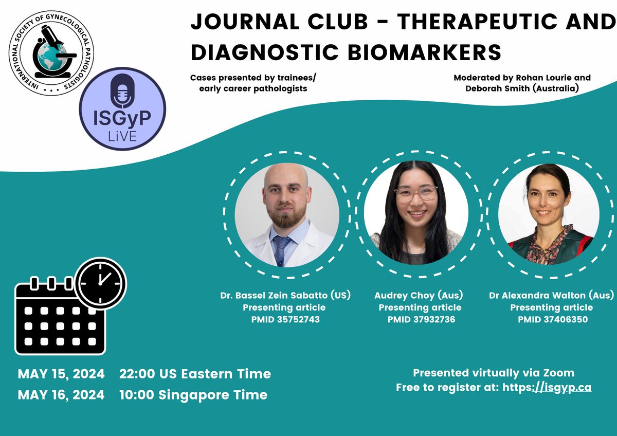 Please join @ISGynP for our monthly gynecologic pathology journal club! May 15 at 22:00 US Eastern time, May 16 at 10 am Singapore Standard Time. This month's topic is Therapeutic and Diagnostic Biomarkers. Register @ ISGyP.ca #PathTwitter #GynPath #GynaePath