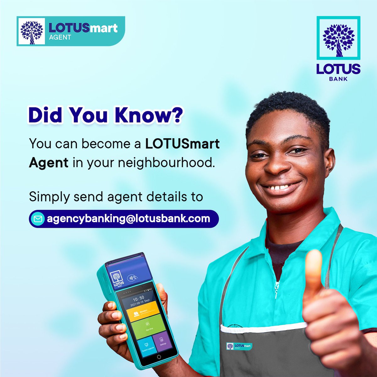 Become a part of the Lotus Bank family and join our network of LOTUS Smart agents! Empower your community financially while earning extra income. Apply now by sending your details to the agencybanking@lotusbank.com

🌟💼 #LotusBank #AgencyBanking #JoinUs #PartnerProgressProsper