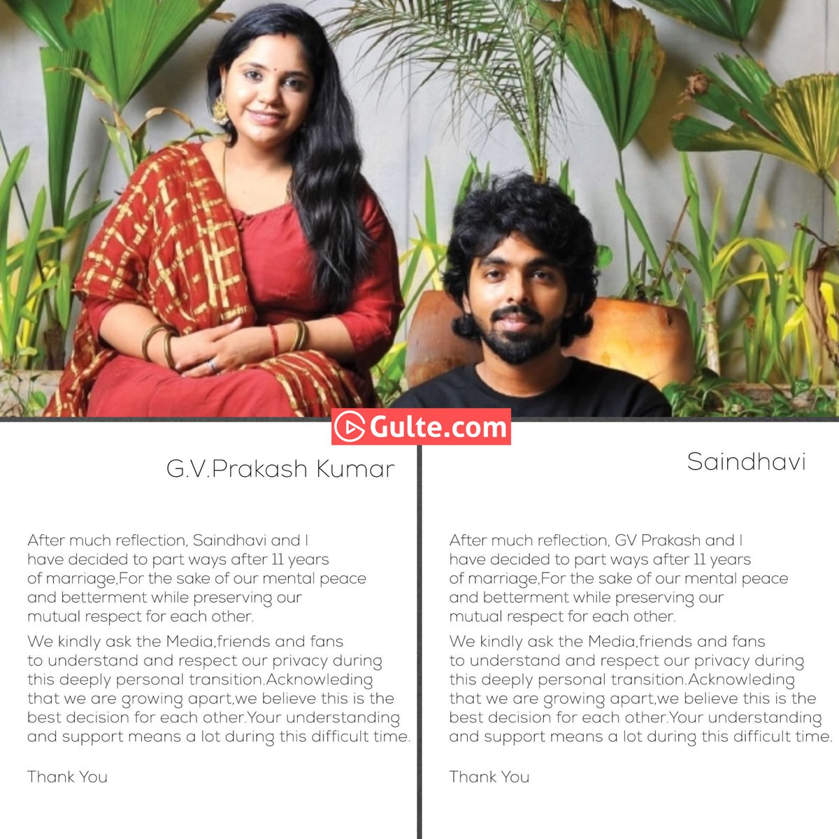 #GVPrakash and Singer #Saindhavi have decided to part ways after 11 years of marriage.

They have a 4-year-old child, 'Anvi'.