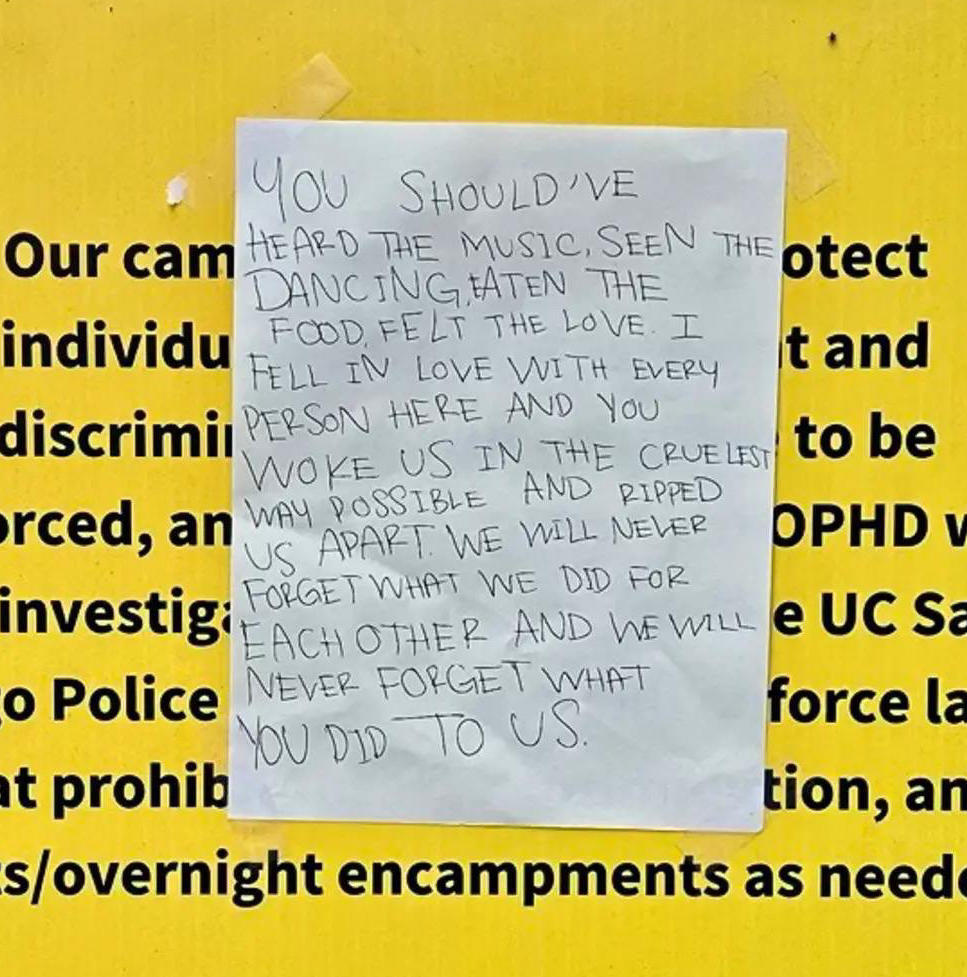 Collective action has PSYCHOLOGICAL BENEFITS in an atomized&selfish neoliberal society Sign posted at the site of UC San Diego's Gaza Solidarity Encampment after the Chancellor cleared it with police forces last week @CameronBrick @ThierryAaron @vlasceanu_mada @berglund_oscar