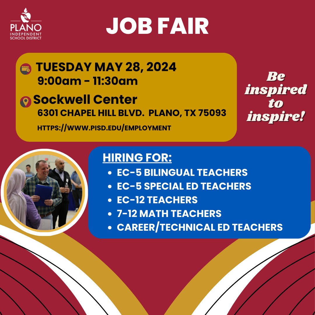 Be inspired to inspire at Plano ISD's upcoming Job Fair! We can't wait to meet dedicated educators and welcome them to the Plano ISD team! 📅May 28 ⏰9-11:30 AM 📍 PISD Sockwell Center 6301 Chapel Hill Blvd. Plano, TX 📝Register: pisd.edu/employment #LevelUpPlanoISD