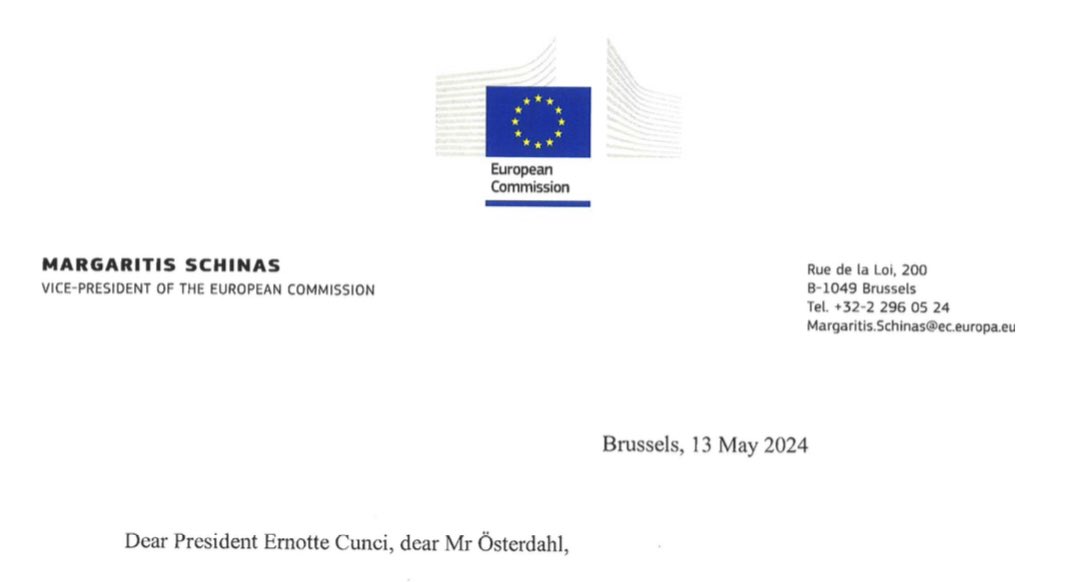 🇪🇺EU Commission VP Margaritis Schinas writes a formal complaint to EBU regarding the case of the EU flag banned at the final of #Eurovision2024 in Malmö.