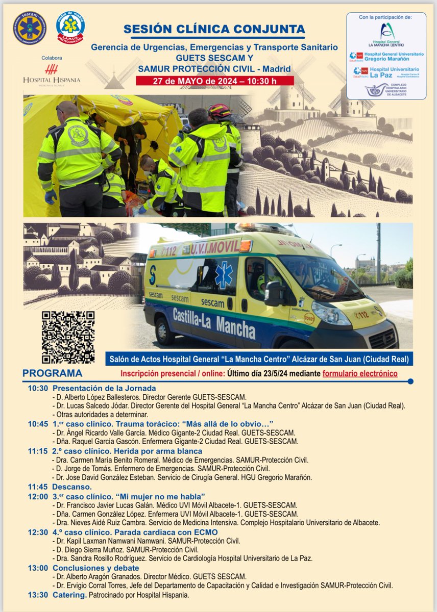 Actividad científica <a href="/SAMUR_PC/">SAMUR-Protección Civil</a> y <a href="/GUETS_CLM/">GUETS</a> 

📅27 mayo
⏰10:30am
🏥H.General La Mancha Centro.

Online y presencial 

Acceso inscripción forms.office.com/Pages/Response…

Os esperamos!

#SomosGUETS #25añosGUETS