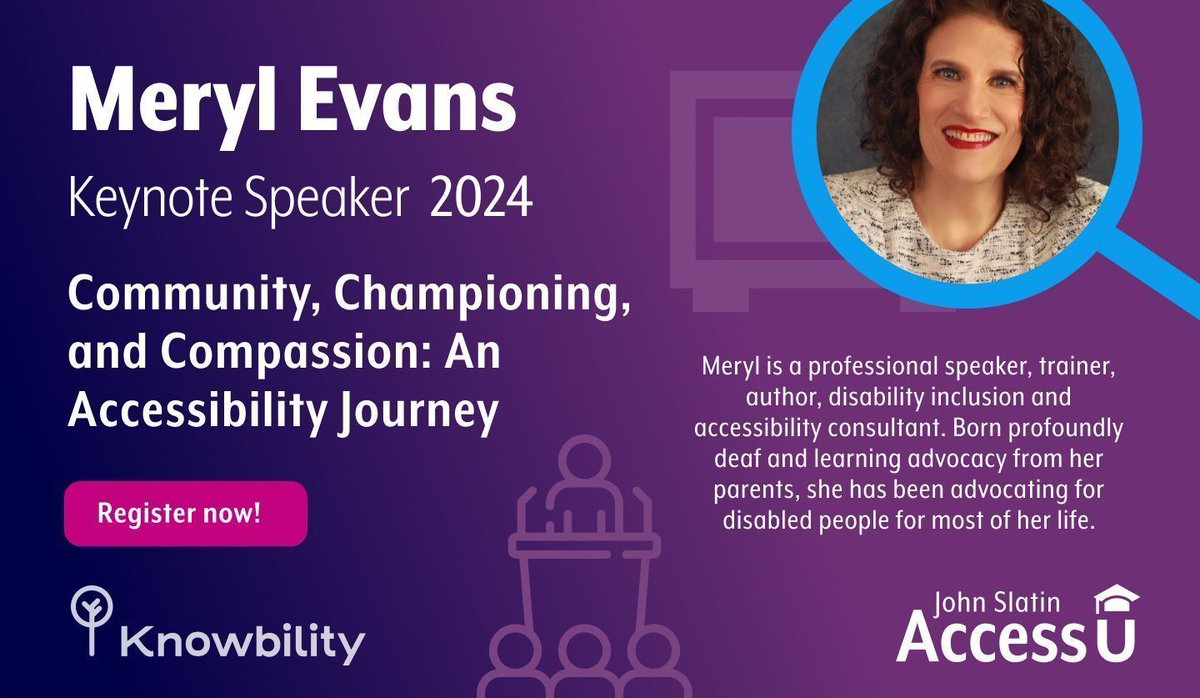 merylkevans's tweet image. Excited, honored, and humbled to be opening keynote at @Knowbility AccessU conference at 7 pm CT today. You can watch it live on WebAble.TV. Thanks to @WebABLE_News for making it possible.
 
#AccessU #Accessibility