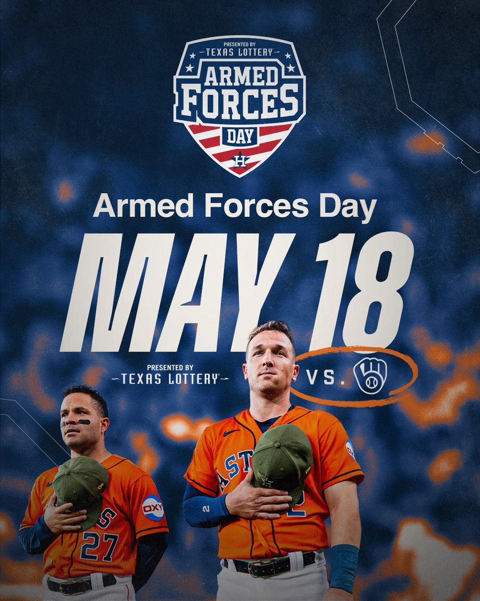 Salute!

We are honored to celebrate Armed Forces Day on behalf of @TexasLottery on Saturday, May 18th. Don’t miss a special pregame ceremony honoring those who currently protect and serve our nation.

Learn more at: astros.com/armedforcesday