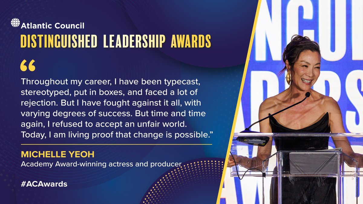 Last week, @UNDP Goodwill Ambassador Michelle Yeoh accepted the 2024 Atlantic Council Distinguished Artistic Leadership Award. 'Today, I am living proof that change is possible,' she said. Sign up to watch the 05/16 broadcast: ➡️ bit.ly/3UpGU7R #ACAwards