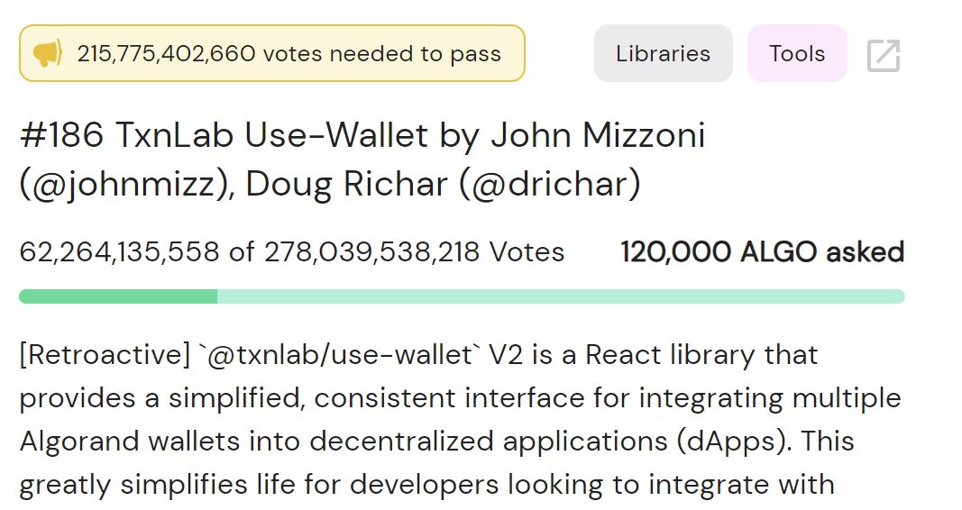 We need your support!

To keep Use-Wallet growing and getting better, we've submitted xGov proposal #186, which currently has 22% of the votes needed to pass.

If you're passionate about enhancing the developer experience on Algorand, please vote for Use-Wallet! 🙏