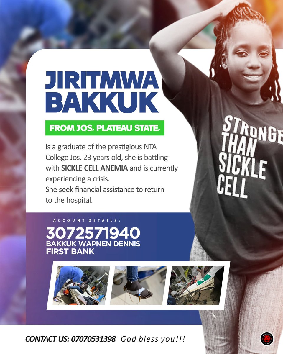 Let's support Jiritmwa Bakkuk in her fight against Sickle Cell Anemia. Donate now! Account Details: 3072571940, Bakkuk Wapnen Dennis, First Bank. #SupportJirit