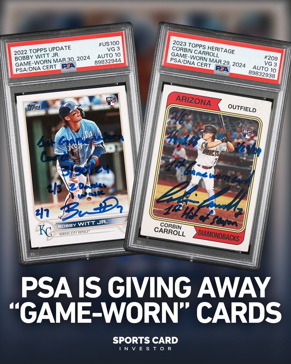 🚨BREAKING NEWS🚨 @PSAcard teamed up with Bobby Witt Jr. and Corbin Carroll to create the first-ever ‘Game-Worn’ trading cards. In the second game of the season, Witt and Carroll had several cards in their pockets that they signed with special inscriptions. PSA then…