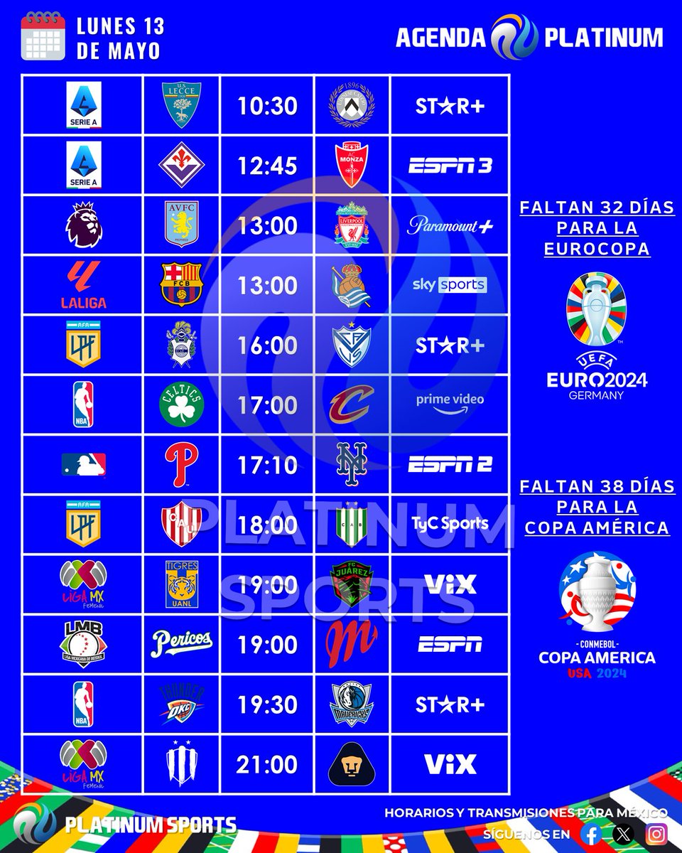 🇲🇽 #AgendaPLATINUM 
🗓️ Lunes 13 de Mayo de 2024

⏰📺 Horarios y transmisiones para México.
⚠️ Sujeto a cambios.