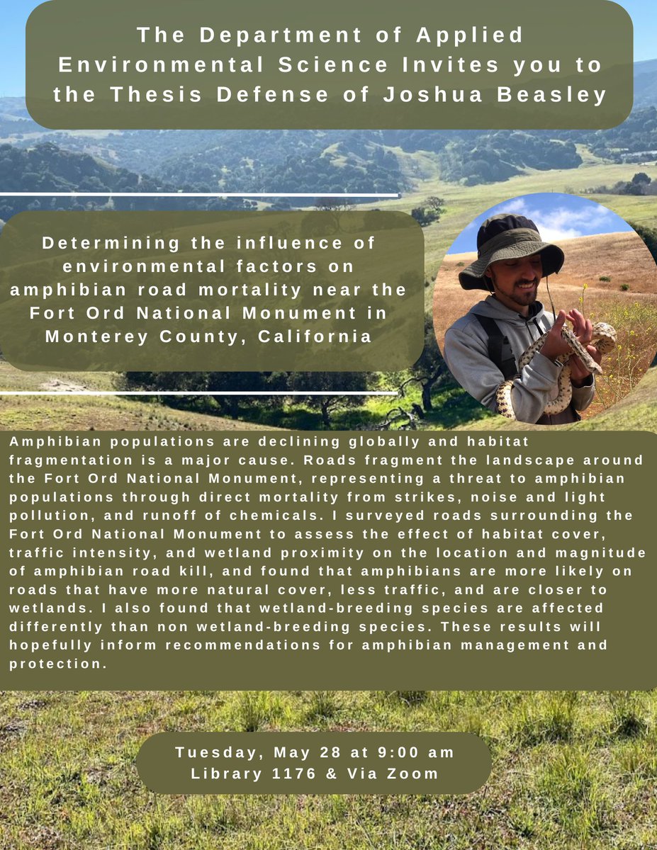 Please join us for Josh's thesis defense on May 28 at 9 am! His defense will be at the @CSUMB Library, Room 1176. 

RSVP here: forms.gle/s5WYa5EQsTp62S…

#thesisdefense #csumbensci #csumbaes #csumbscience