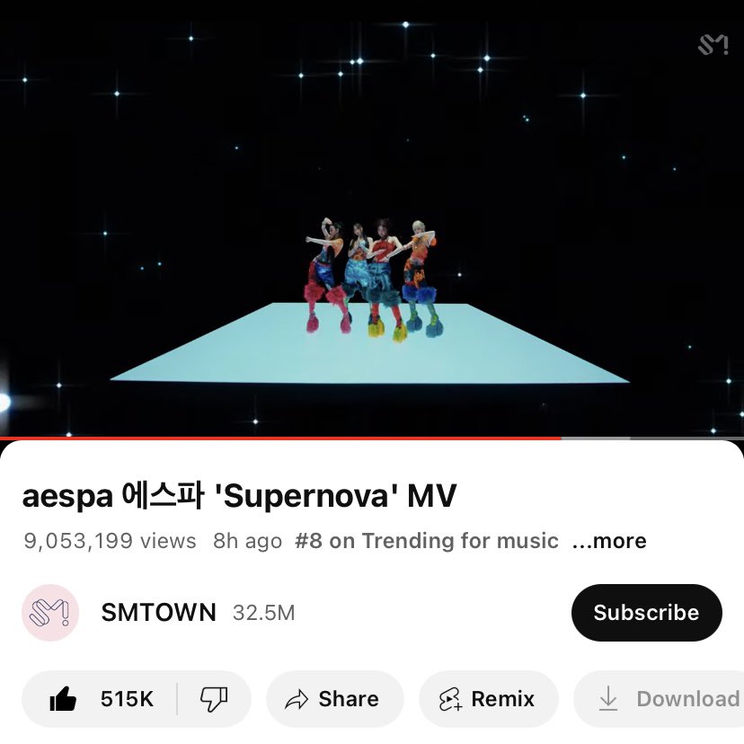 [ YOUTUBE UPDATE ] ‘Supernova’ MV has surpassed 9,000,000 views 🎉 10M views 🔜 QRT with a screenshot of you streaming the MV to encourage more MYs to stream! 🥰 #aespaSupernova #aespa #에스파 @aespa_official