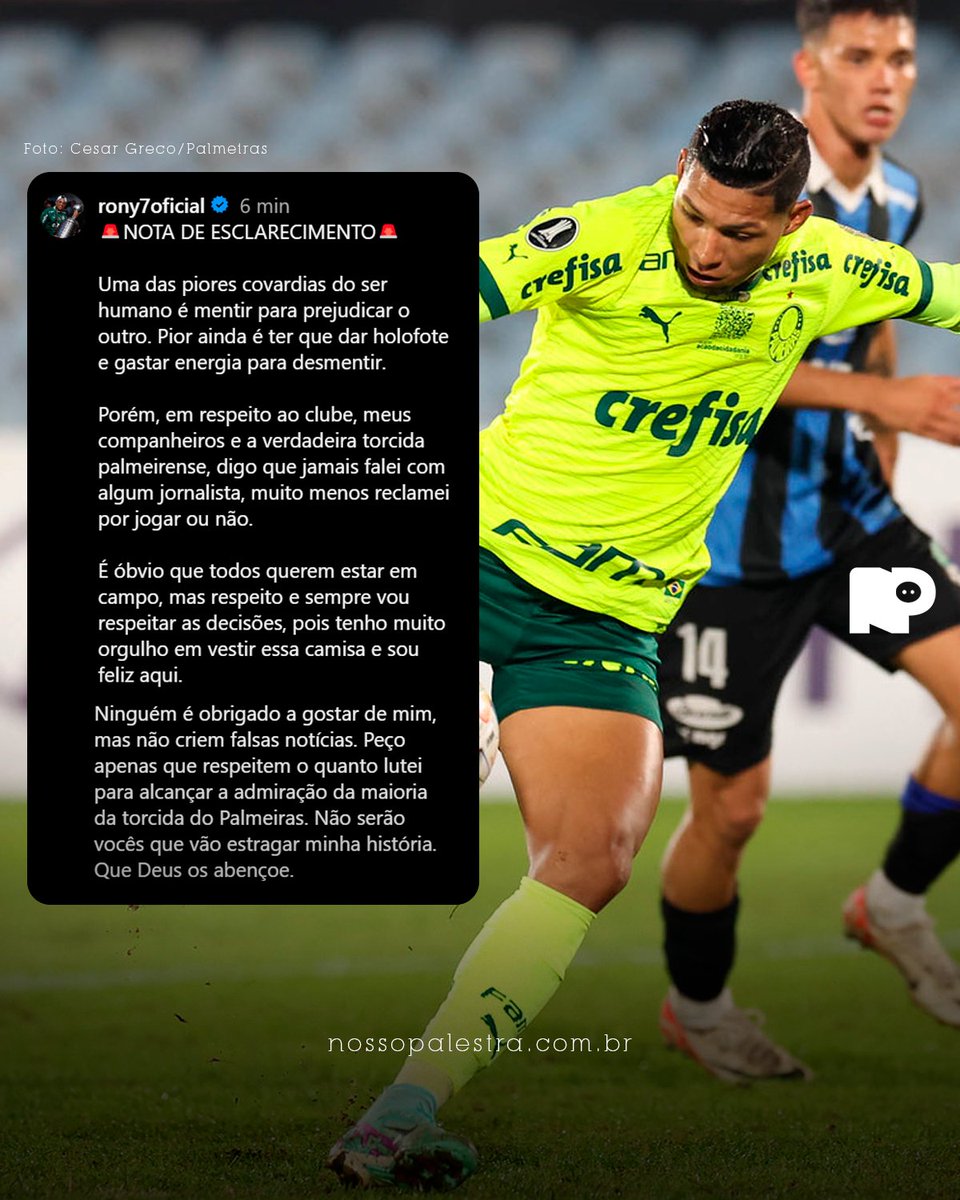 Por meio de um post em sua conta do Instagram, o atacante Rony desmentiu as acusações de ter sido o responsável pelo vazamento de conversas que, supostamente, mostraria o descontentamento de alguns atletas com a posição de reversa no Palmeiras. Confira o que foi dito pelo camisa…