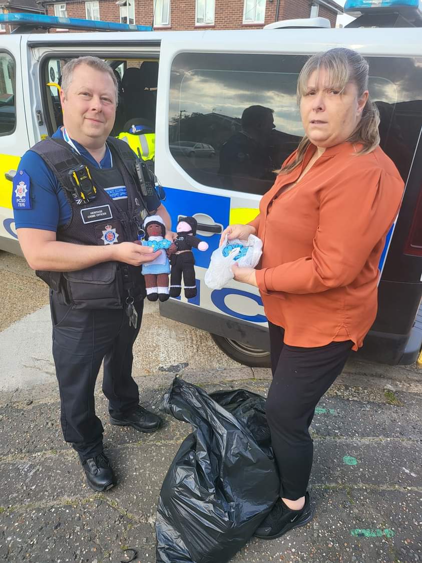 More knitted toys and items for the community donated by St Peters stitchers bieng handed out by Mike a great PCSO who helps the community so much thankyoub