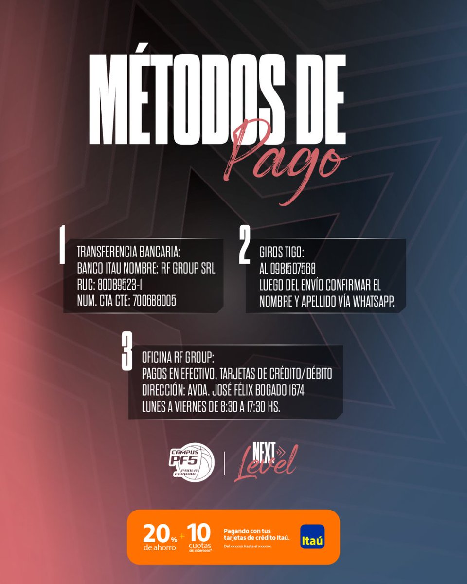 ¡Inscripciones abiertas para el Campus PF5 Next Level! 🏀✨

➡️ Te dejamos los pasos a seguir y los métodos de pago para inscribirte.

¡No podes faltar! 🤩

🔗Inscribite ingresando al link de la bio.

#CampusPF5 #NextLevel #EdicionXII #Basket #PaoFerrari