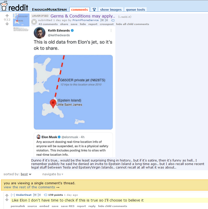 In late 2022, Elon was falsely accused of visiting Epstein Island. It was debunked within days. Even the creator admitted it was fake.

Redditors are still spreading this blatant lie and priding themselves in not checking its authenticity.

snopes.com/fact-check/mus…