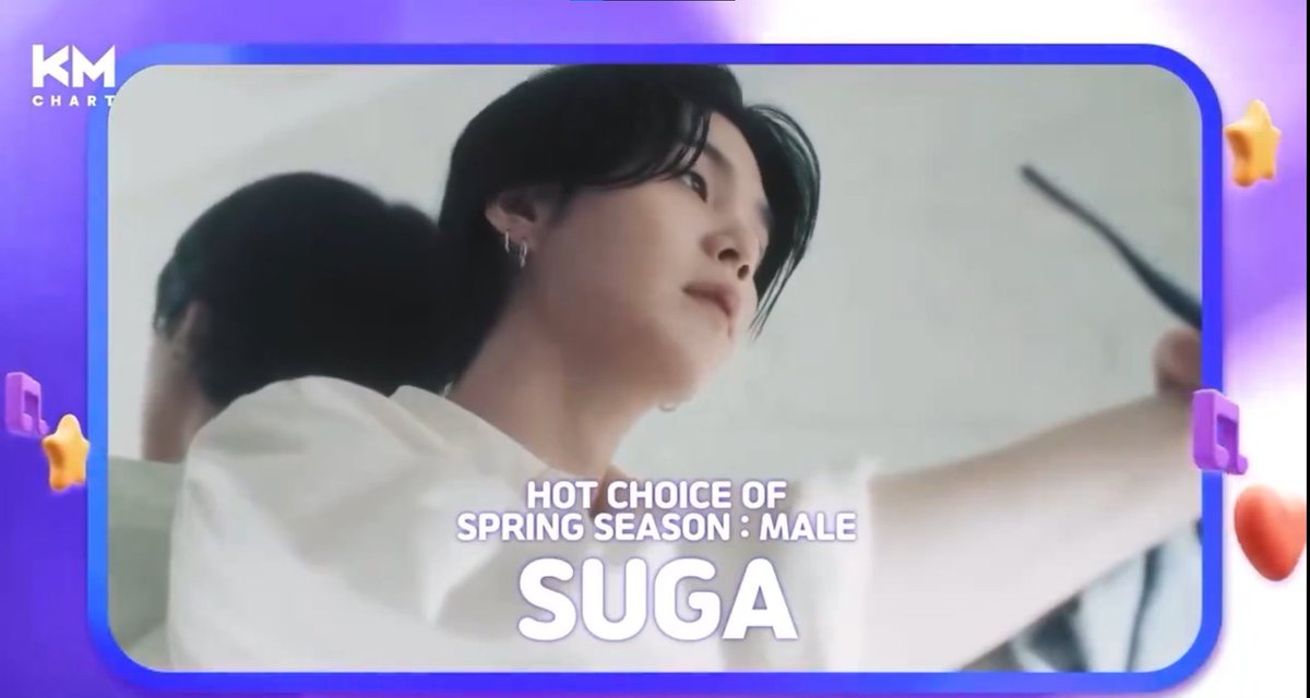 [#SugaHQ_Update] SUGA will receive a physical trophy for winning “Hot Choice Of Spring Season: Male”by KM Chart🥳 CONGRATULATIONS SUGA FLOWERS FOR YOONGI