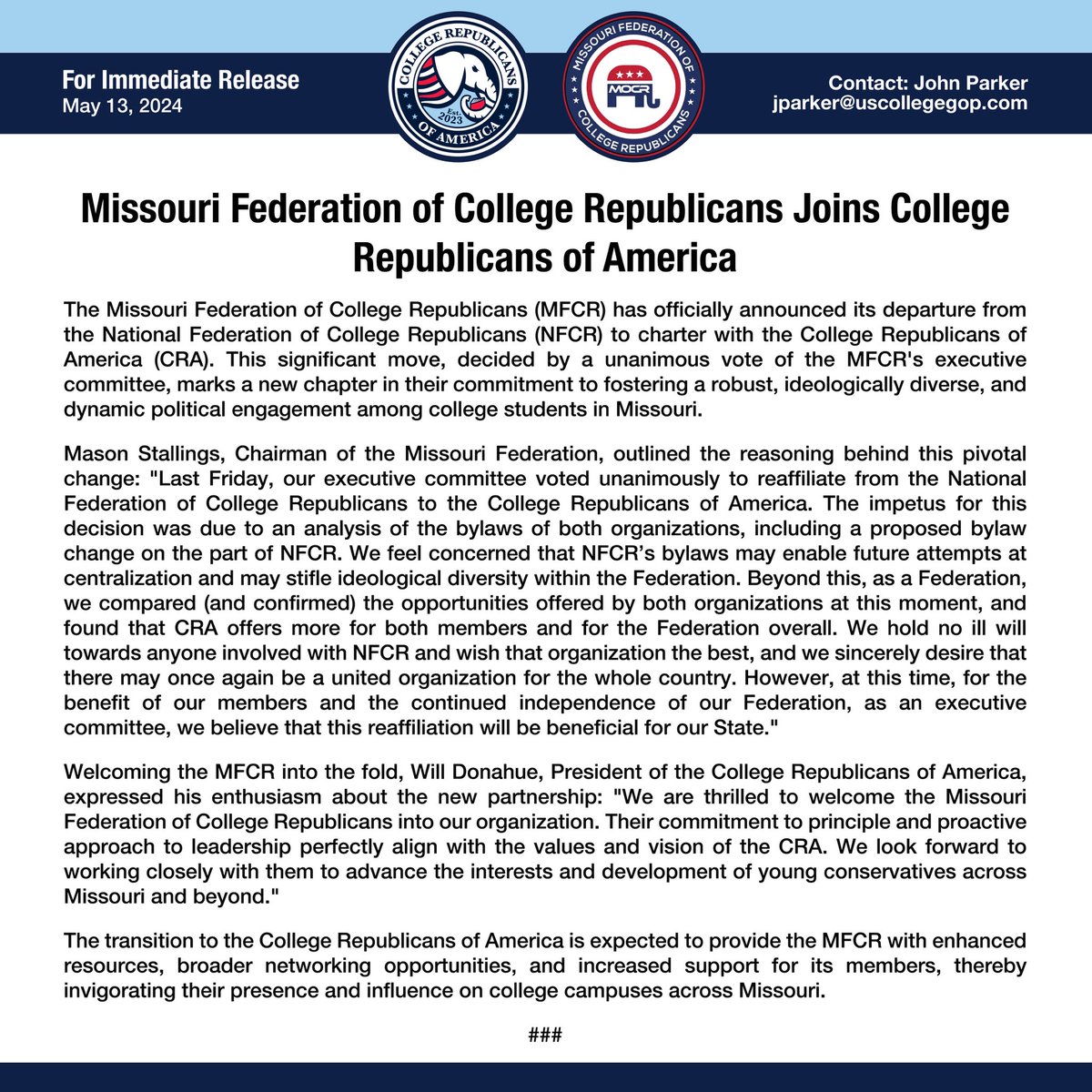 College Republicans of America is excited to welcome the Missouri College Republicans (@missouricr) into our organization! In only a year CRA has grown to be America’s largest national CR group, our coalition is growing stronger every day. We look forward to helping in Missouri!