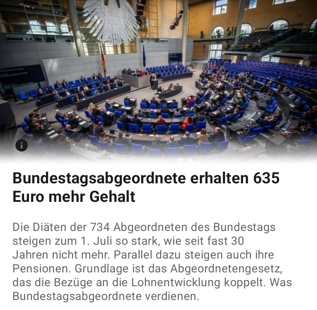'Kopplung an Lohnentwicklung'...
Wer sonst hat eine Lohnerhöhung von 635 € bekommen????
#Ausbeuter
#Bundestag