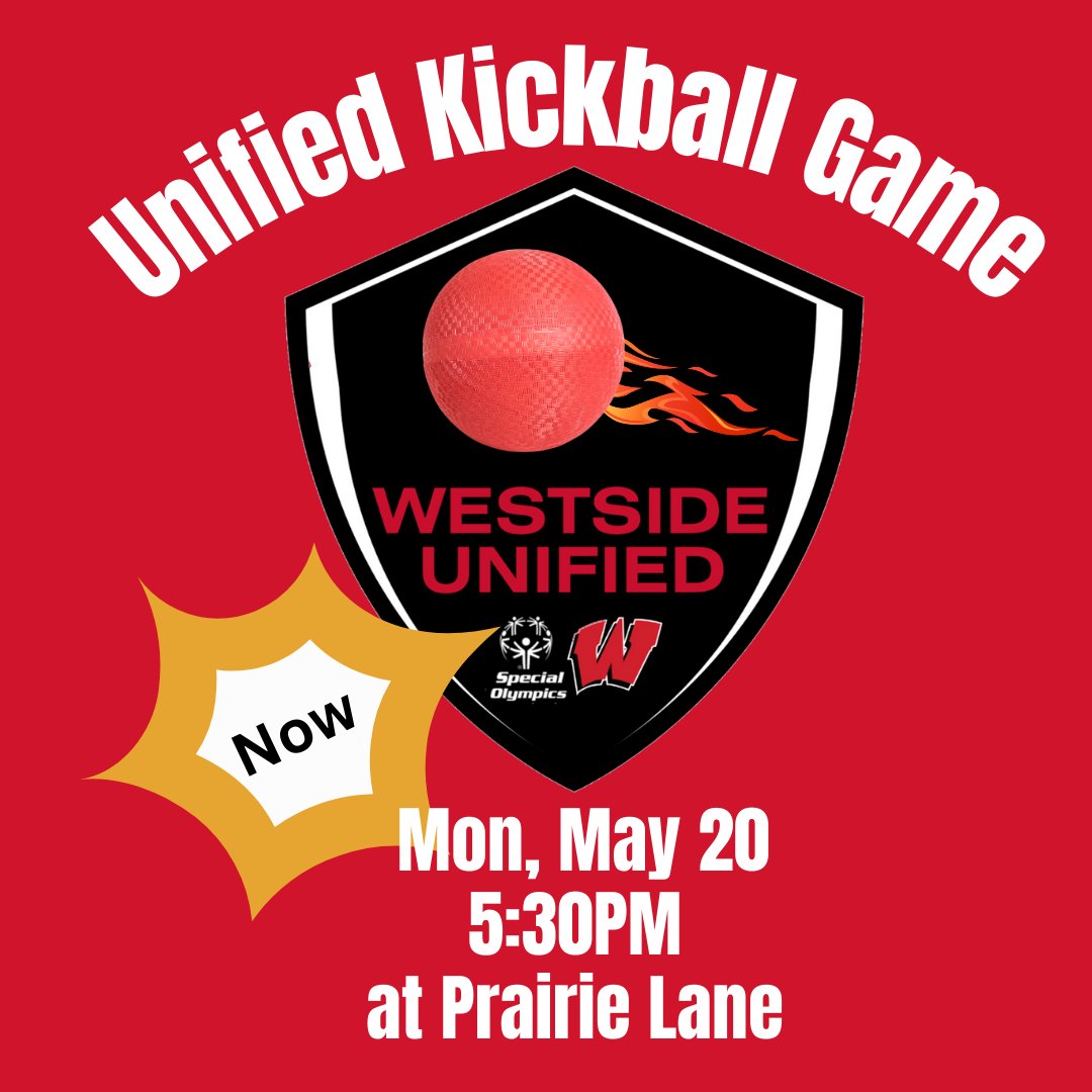 Today’s WeSide UNIFIED kickball  game at Prairie Lane has been postponed.
The make-up date is Monday, May 20th from 5:30-6:30PM – at Prairie Lane.
We hope to see everyone there!

#WeSideUNIFIED #WeAreWestside