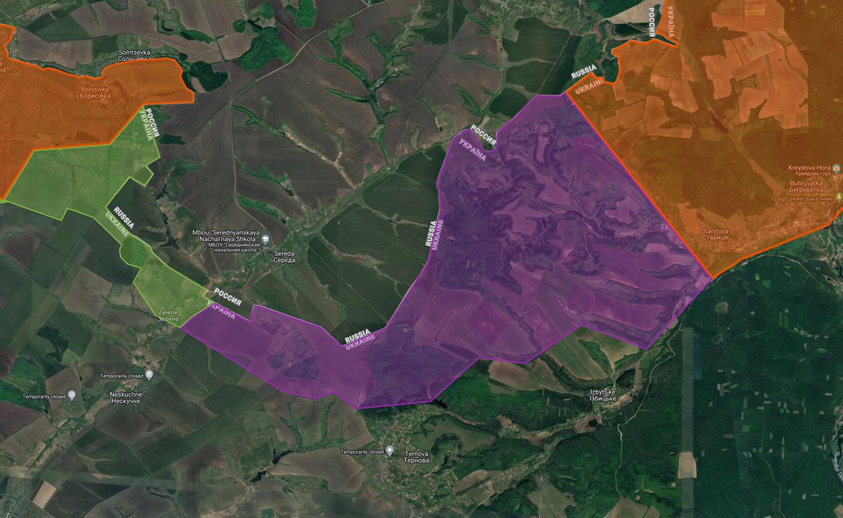 Russian sources are reporting that the two separate entries have connected near the village of Ternova. (purple represent this unconfirmed advance)