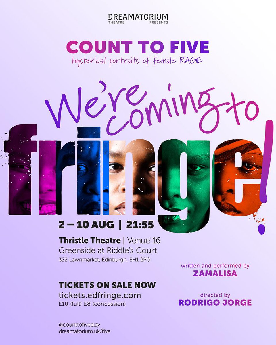 Zamedyzamzam's tweet image. I wrote a one woman show about the rationales and absurdities of my innermost rage. It’s called COUNT TO FIVE. 5 characters. Directed by the genius @roddamn. And it’s going to @edgringe 2-10 AUGUST, 9:55pm | Thistle Theatre at @GreensideVenue. If you’re in the UK, come through.
