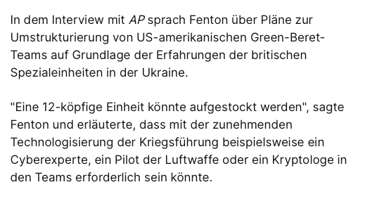 US-General Bryan Fenton, Befehlshaber des US Special Operations Command (USSOCOM), verplapperte sich gegenüber der US-amerikanischen Nachrichtenagentur 'AP'. Die USA hätten 'viele Lektionen' von britischen Spezialkräften in der Ukraine gelernt, so Fenton.