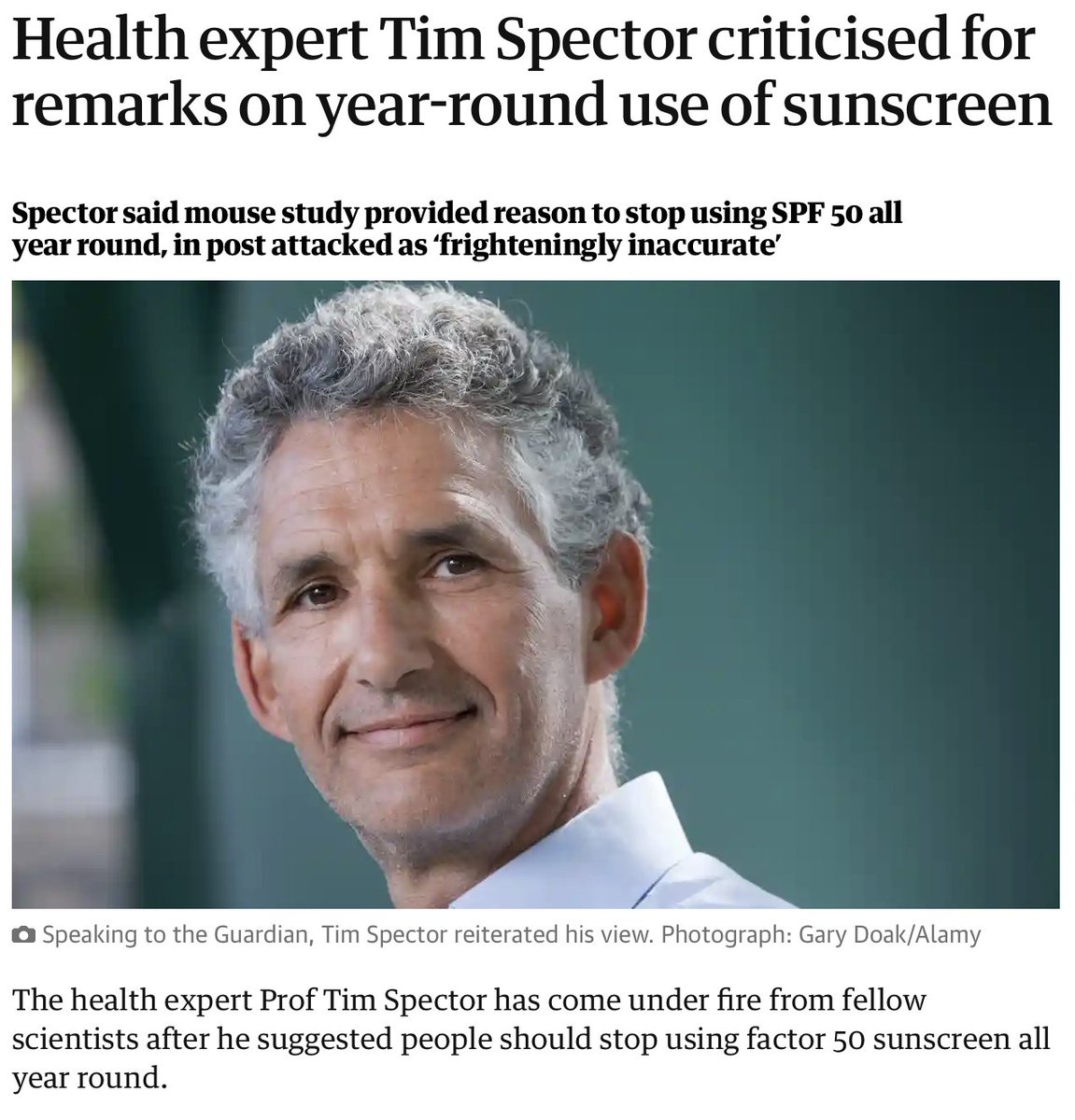 Astonished to see @timspector doubling down on his reckless comments re: boosting 'cancer immunity' by stopping using SPF year round. The study on which he bases his claim is in mice, not humans - & one of the study's own authors has publicly disputed Spector's conclusions. 1/3