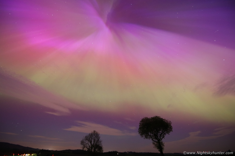 Another image from Friday night during the peak of the G5 storm captured between Beaghmore and Davagh in Co. Tyrone. 15mm wide angle of full frame DSLR The corona & rayed forms seemed to cascade downward in all their celestial glory in a fan of light. nightskyhunter.com