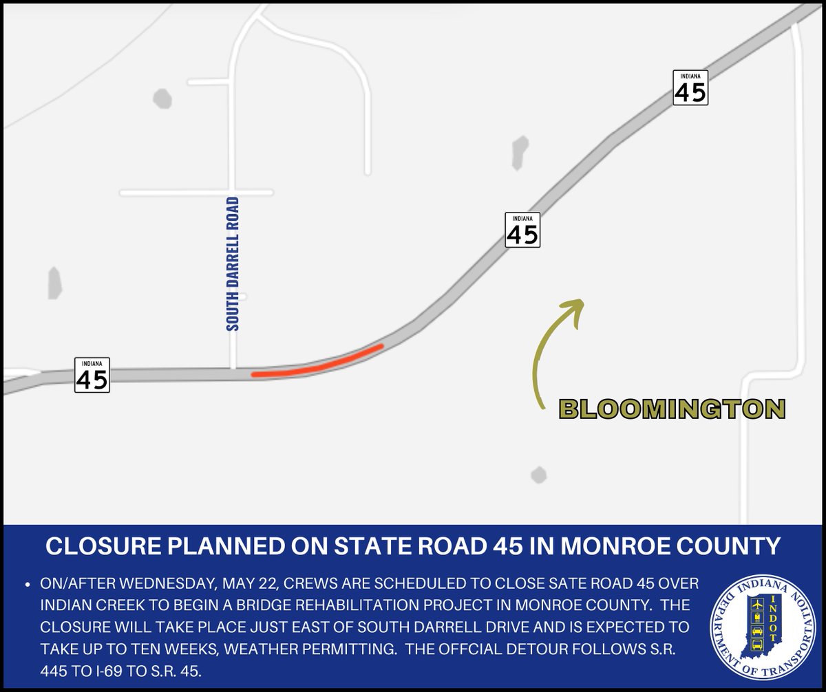 On/after Wed, May 22, S.R. 45 will close over Indian Creek for a bridge rehabilitation project in Monroe Co. The closure is expected to take up to ten weeks, weather permitting. The detour follows S.R. 445 to I-69 to S.R. 45. More here: lnks.gd/2/2vZjjxT