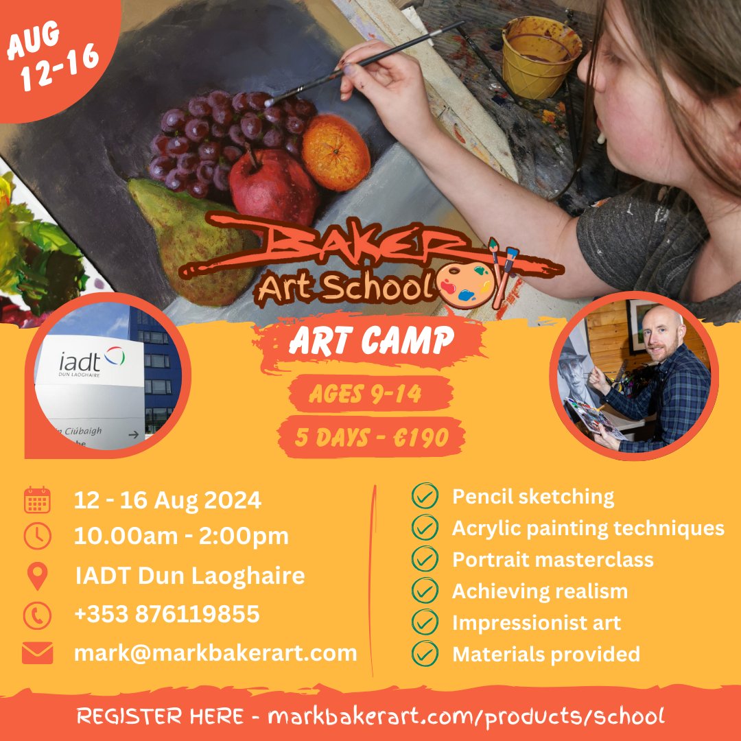 I'm launching an Art Camp this summer - August 12-16 in @myIADT! Over the last few years I've taught my own kids how to paint and the results have been great. To register, visit markbakerart.com/products/school
Any questions please get in touch:
📩 mark@markbakerart.com 
📞 +353 876119855