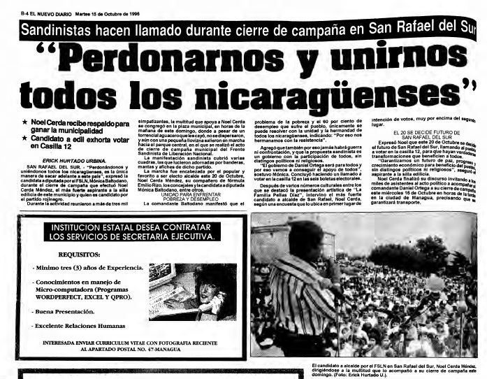 OCTUBRE 1996

MONICA BALTODANO:
'Perdónanos y uniéndonos todos los nicaragüenses es la única manera  de sacar adelante este pais. El gobierno de Daniel Ortega será para todos y por eso vamos a conseguir el apoyo de todos'
@ReporteNi @Santiagoaburto8 @PeterJungla @somosderechanic