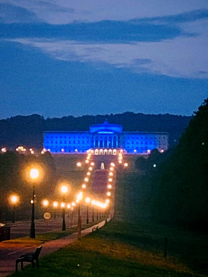 Stormont lit in blue last night in recognition of #WorldMEDay & a few hours after @hope4mefibroni protest at the main gates. What a day! Thanks to my brilliant hubby @GusLogie1971 for going back to get this 📷. #GlobalVoiceForME #DiscoverME #MEAwareness #MyalgicEncephalomyelitis