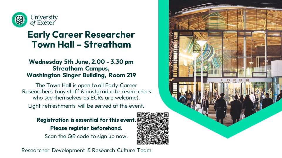 There is still time for @UniofExeter Early Career Researchers to join us for the inaugural ECR Town Hall events at our Cornwall and Exeter campuses. rb.gy/6d1qc8