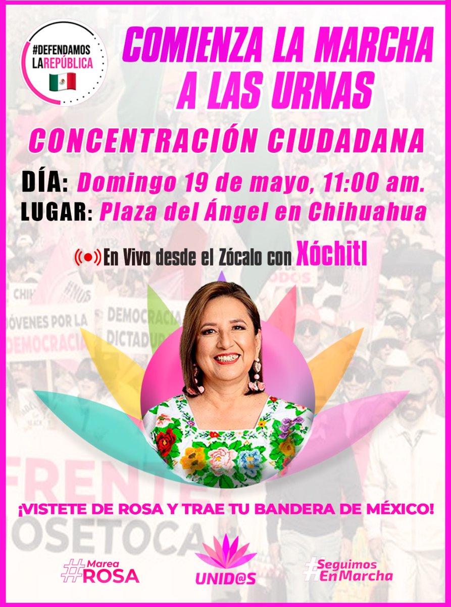 #YoSiVoyALaMarcha Este Domingo 19 de mayo en todas las Plazas del país. A defender la Democracia. #VotoLibre #MxSinMiedo #XochitlGalvezPesidente2024