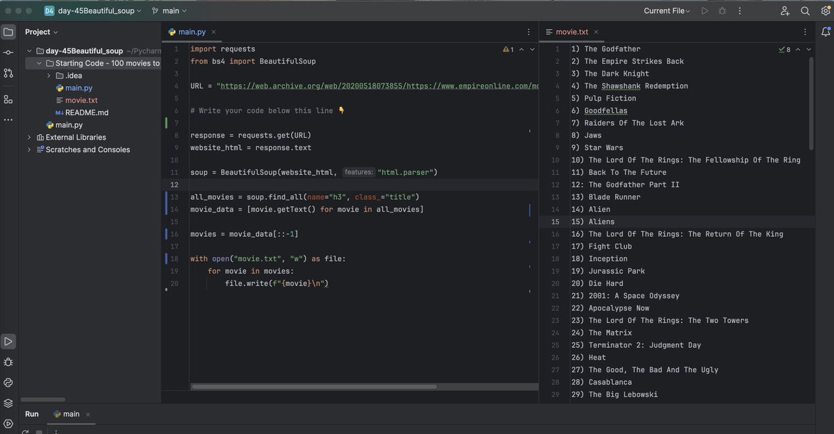 #CodewithKingsley, Day 45 on #100DayOfCode, I developed a list of the top 100 movies and made a list with #python coding. My takeaways from this chapter were:
-Beautiful Soup documentation 
-Parsing through data/inspecting HTML pages
- writing into files within a loop