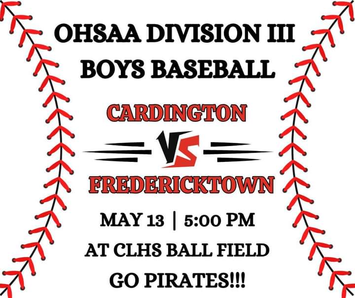 Round 3 With the Freddies 

🆚: Fredericktown (6-19)
⌚: 5:00 PM EDT 
📍: Bill Clauss Field 
🌡️: 80⁰ ☀️ 
🎟️: Ohsaa.org/tickets 

#WhateverItTakes x #BeatFredericktown