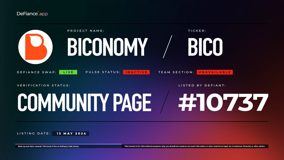 .@biconomy community page is now live on DeFiance.app/project/Bicono…. 

$BICO is now listed on #DeFianceSwap. 

Biconomy is a web3 developer and infrastructure platform setting UX standards and removing onboarding complexities with Account Abstraction. 

Learn more at:…
