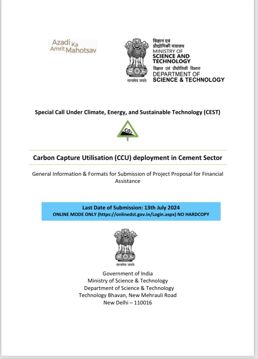 DST launched this unique call on 13 th May 2024 with Public Private partnership for deployment of innovative CCU technologies in Cement Industry.