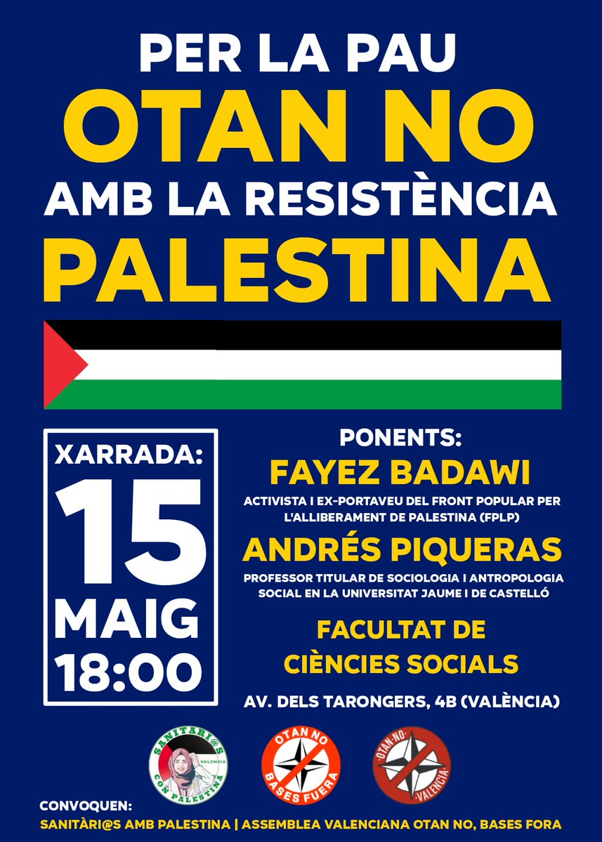 Recordeu!  

El proper dia 15 de Maig, dia de la #Nakba76 , convoquem juntament amb <a href="/SanPalestinaPV/">Sanitarios con Palestina PV</a> aquesta xerrada per la Resistència #Palestina. 
  
...I el dia 18 de Maig, tots a la caravana de cotxes anti-#otan a la base de #Bétera.