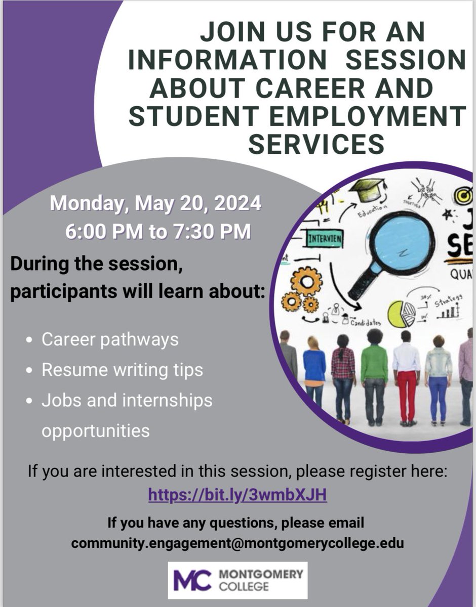 Join us next Monday, May 20 from 6 - 7:30 p.m. for our virtual information session about career and student employment services. During this session, students will learn about resume writing tips, job search tips and more. Please register here to attend: bit.ly/3wmbXJH
