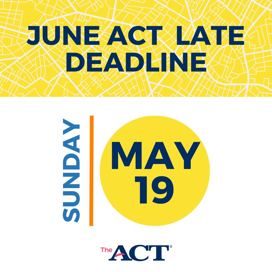 ACTStudent's tweet photo. Don’t miss your chance to take the ACT this summer. Register by Sunday to save your seat: https://t.co/gSz3MTNAm7 https://t.co/Oc1TKhAtnw