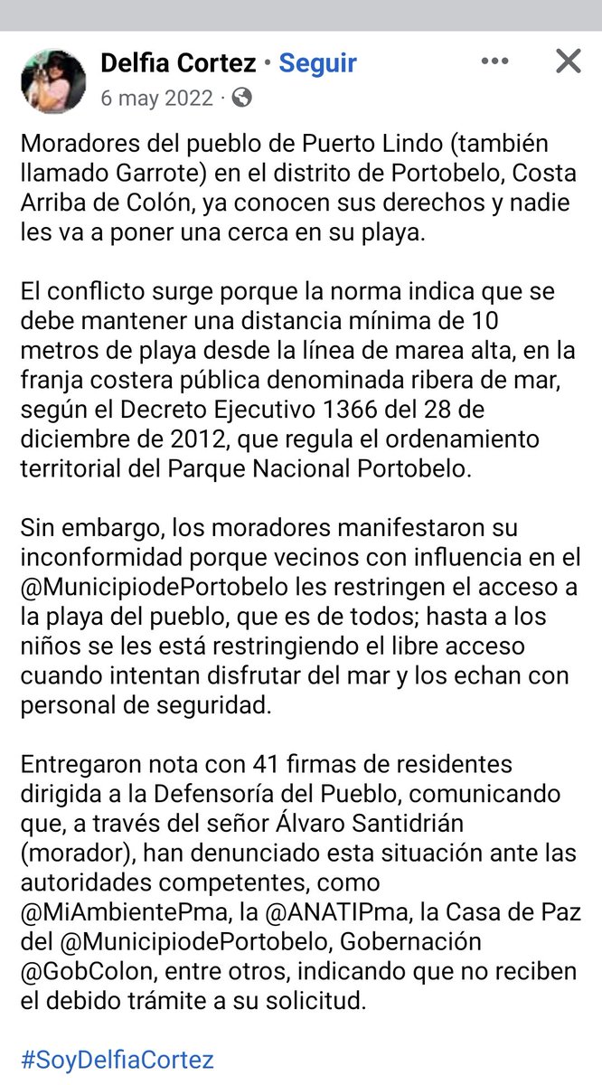 Hace más de dos años, en atención a una queja interpuesta por mi persona, la <a href="/DefensoriaPan/">Defensoría del Pueblo de Panamá🕊</a>  acudió a Puerto Lindo para verificar la ocupación de las playas.
Los vecinos entregaron una hoja con 41 firmas apoyando mis denuncias ante <a href="/MiAmbientePma/">Ministerio de Ambiente de Panamá</a>