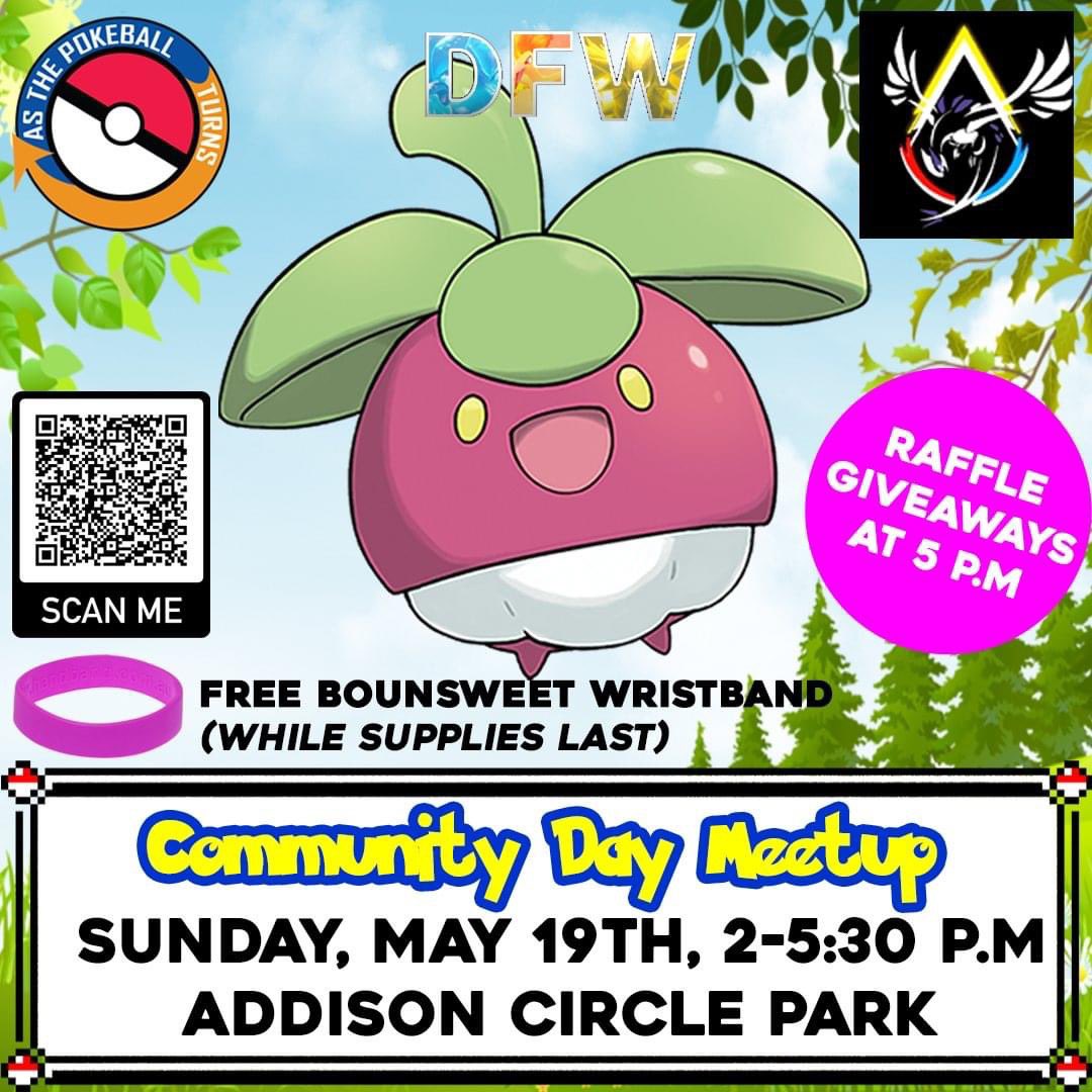 ATPTPodcast's tweet image. 🚨Addison, TX Meetup🚨

#PokemonGO #VisitAddison #DFW #Dallas 

We have partnered with both Addison/Carrollton/FB Campfire Community and DFW Pokemon GO Facebook Community to host a Community Day Meetup at Addison Circle Park!

We will be handing out FREE Bounsweet Wristbands to…